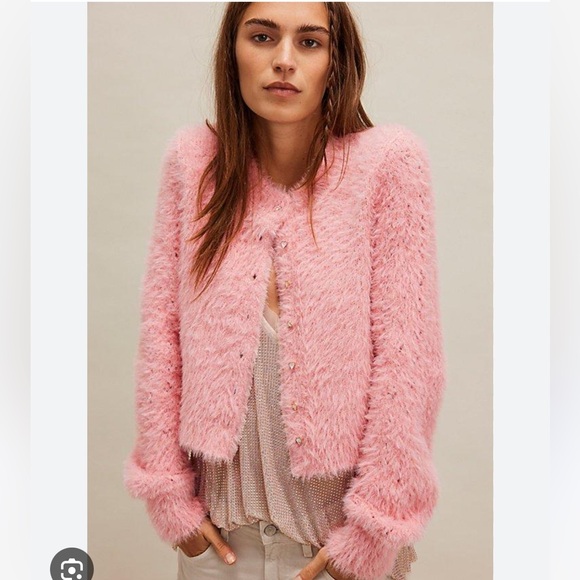 Free People Celeste Fuzzy Cute Embellished Hearts Button Cardi Cardigan - Picture 2 of 6
